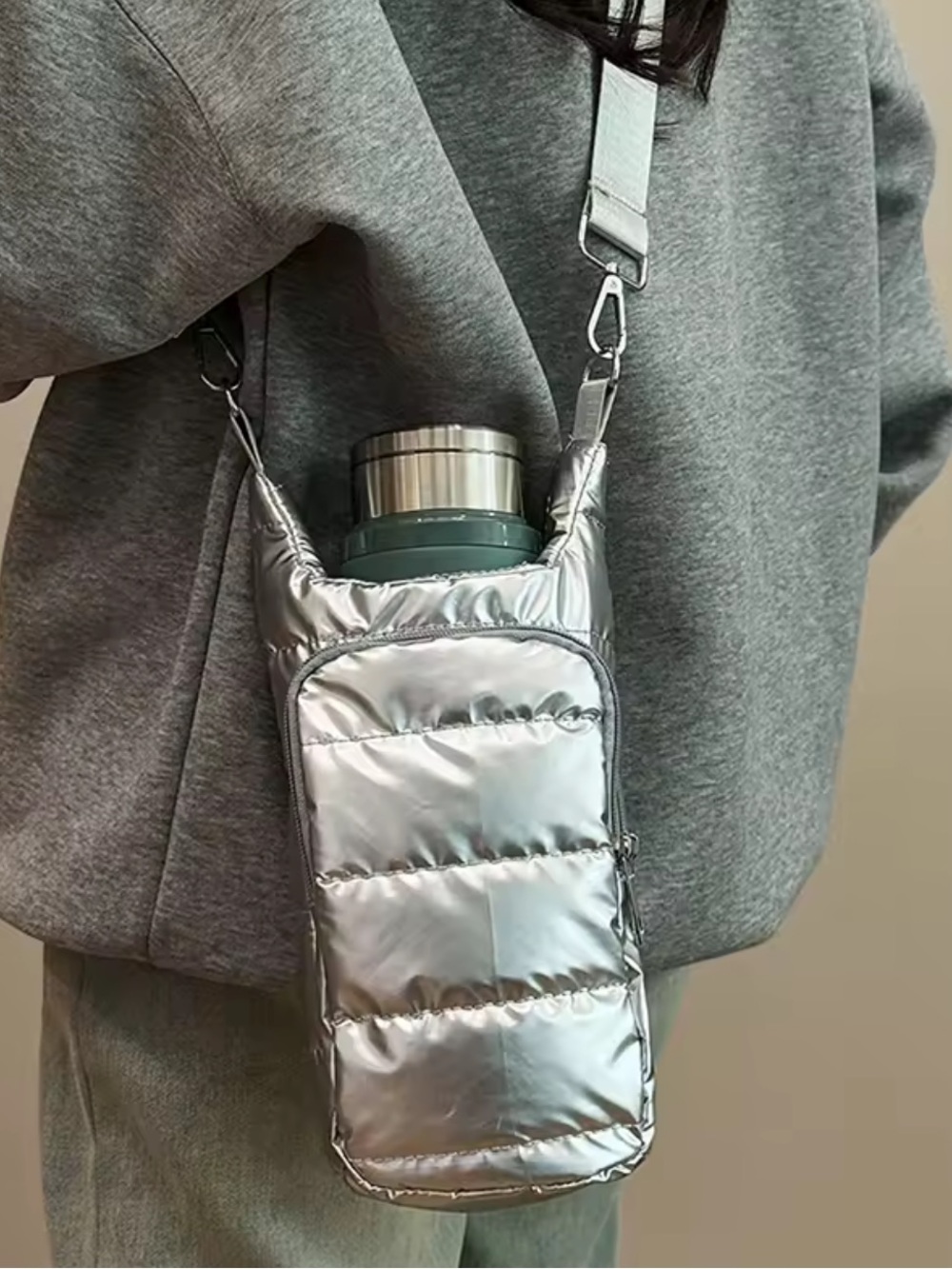 Metallic Silver Puffer Crossbody Bottle Bag - Women ( no bottle)